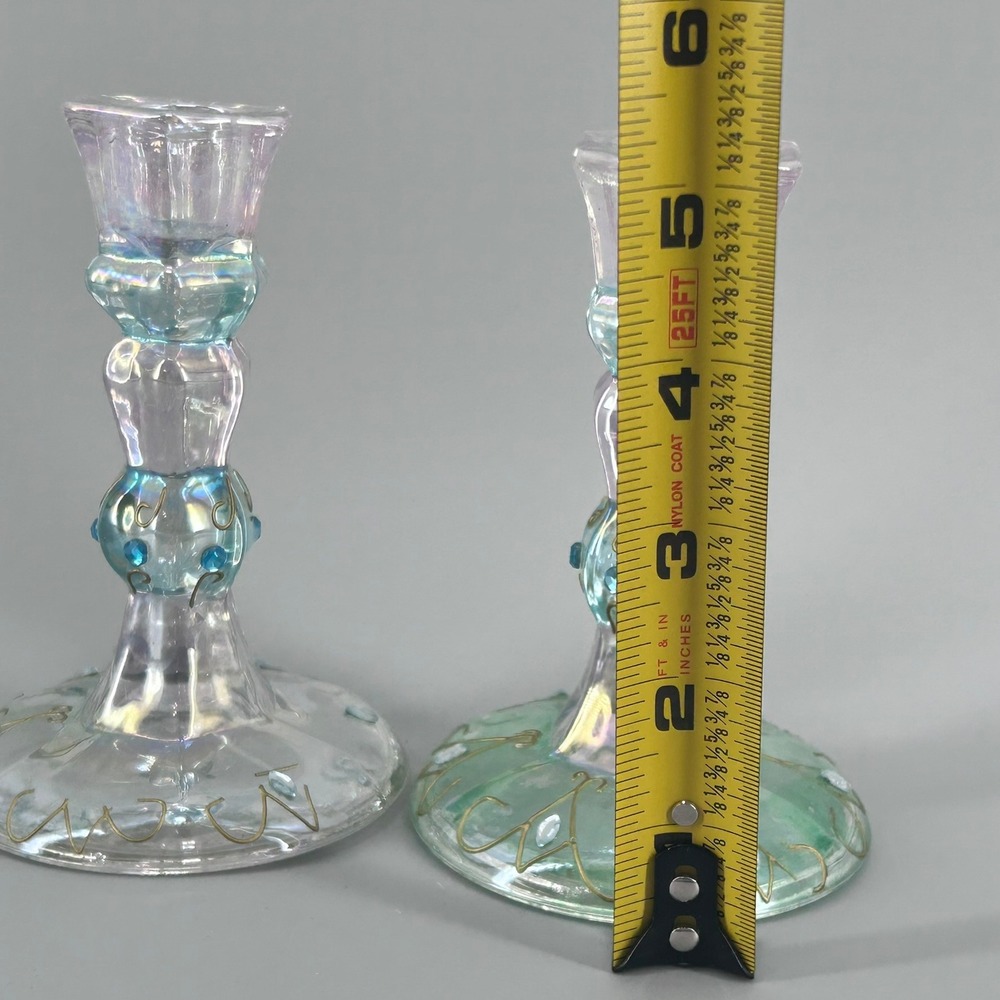 Iridescent Art Glass Candlestick Holders Hand Painted Gold Filigree Set of 2 - Picture 2 of 5